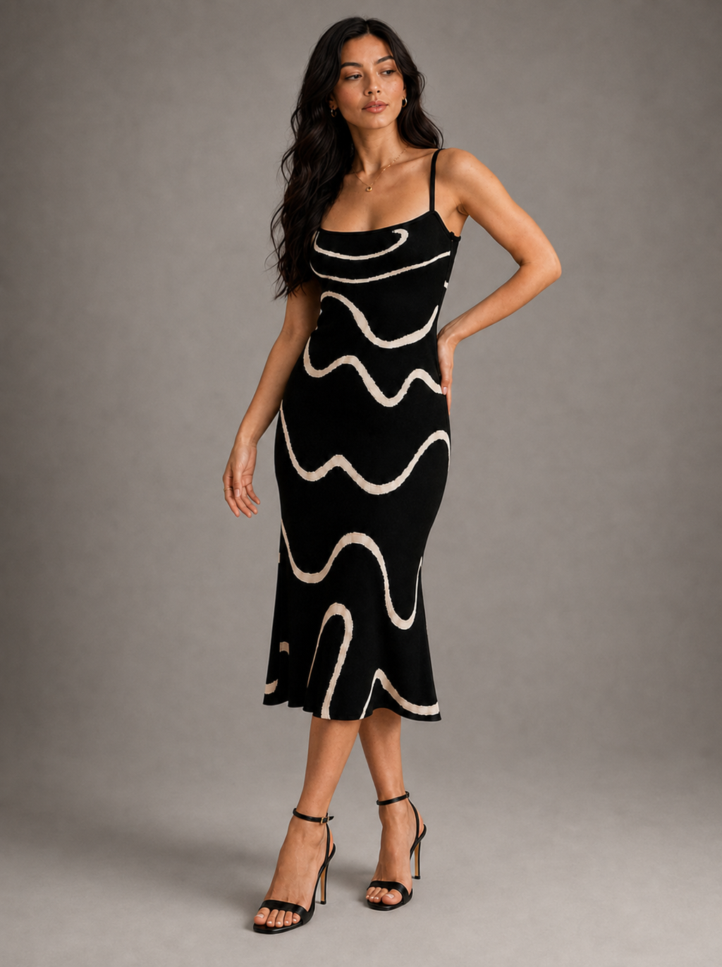 Vanesa | Vestido Midi Tejido Negro Ajustado, Dobladillo Ondulado Estilo Sirena