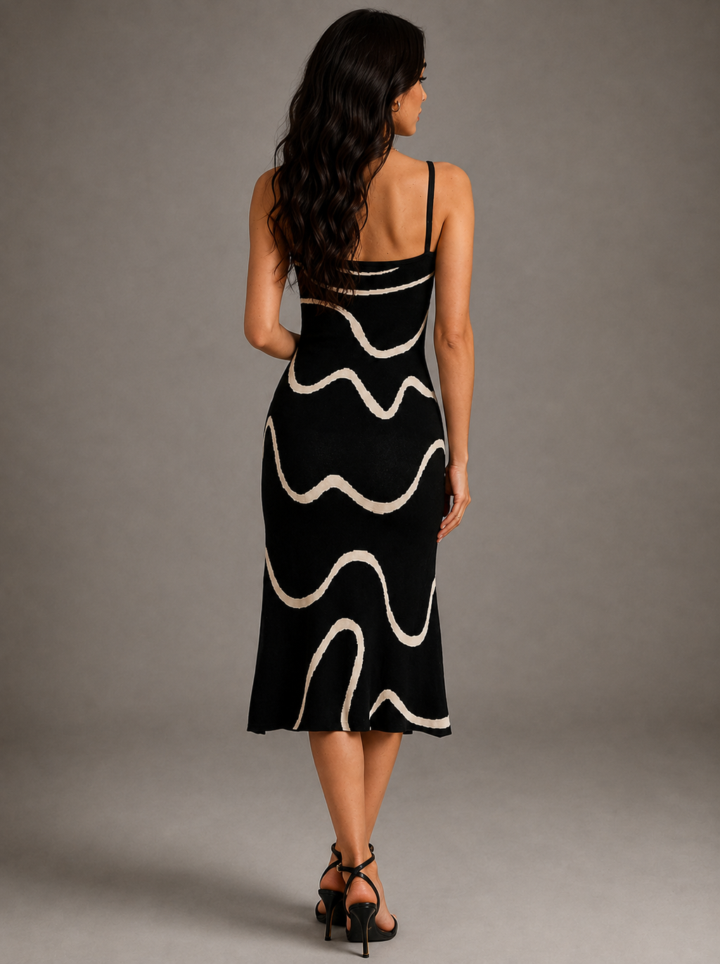 Vanesa | Vestido Midi Tejido Negro Ajustado, Dobladillo Ondulado Estilo Sirena