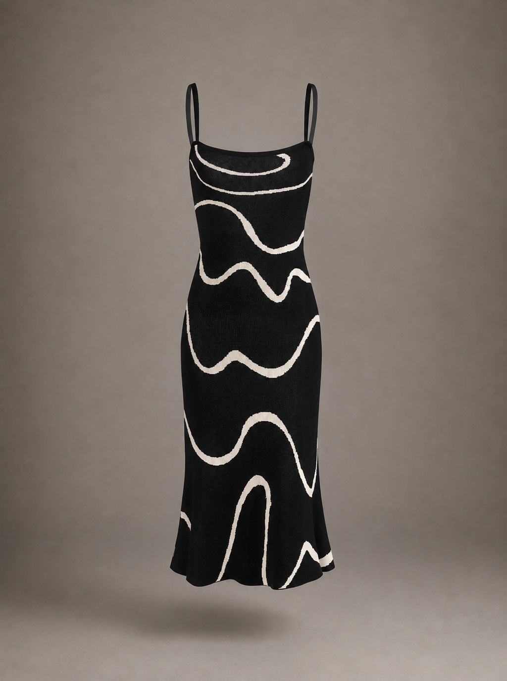 Vanesa | Vestido Midi Tejido Negro Ajustado, Dobladillo Ondulado Estilo Sirena
