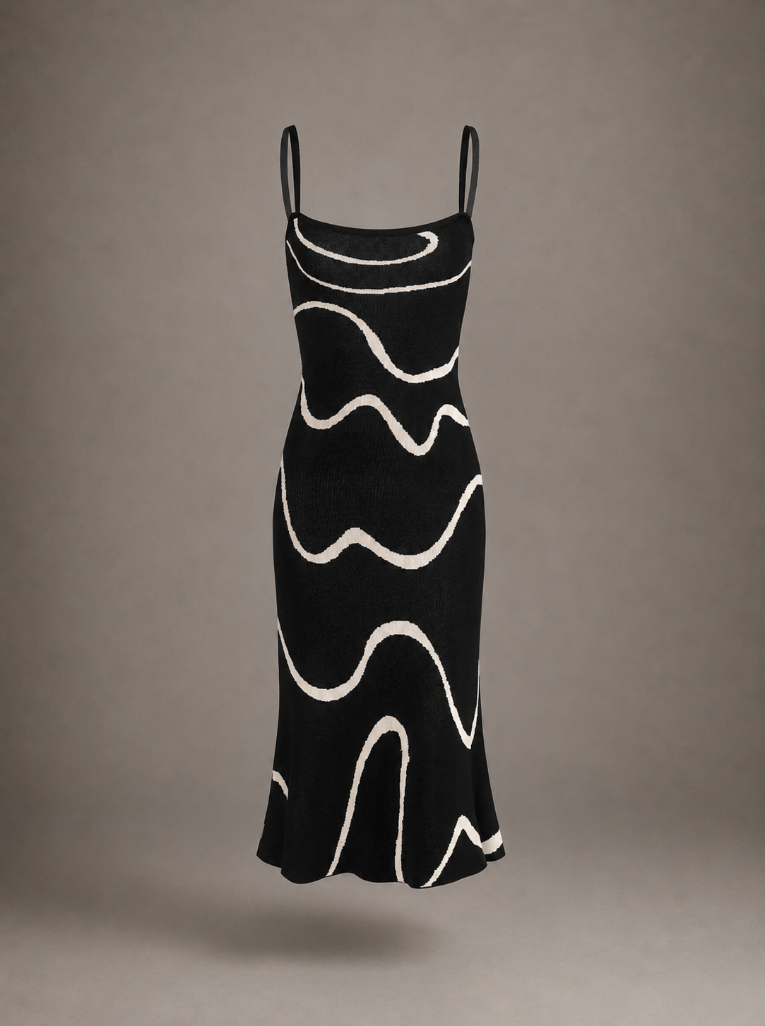 Vanesa | Vestido Midi Tejido Negro Ajustado, Dobladillo Ondulado Estilo Sirena